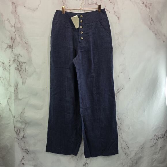 Seen Worn Pants Womens 30 Blue Linen Wide Leg High Rise Exposed Button Fly - Picture 1 of 12